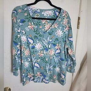 Chicos Shirt 3 Womens XL Green Floral Soft Pima Cotton Boxy Elbow Sleeve V Neck